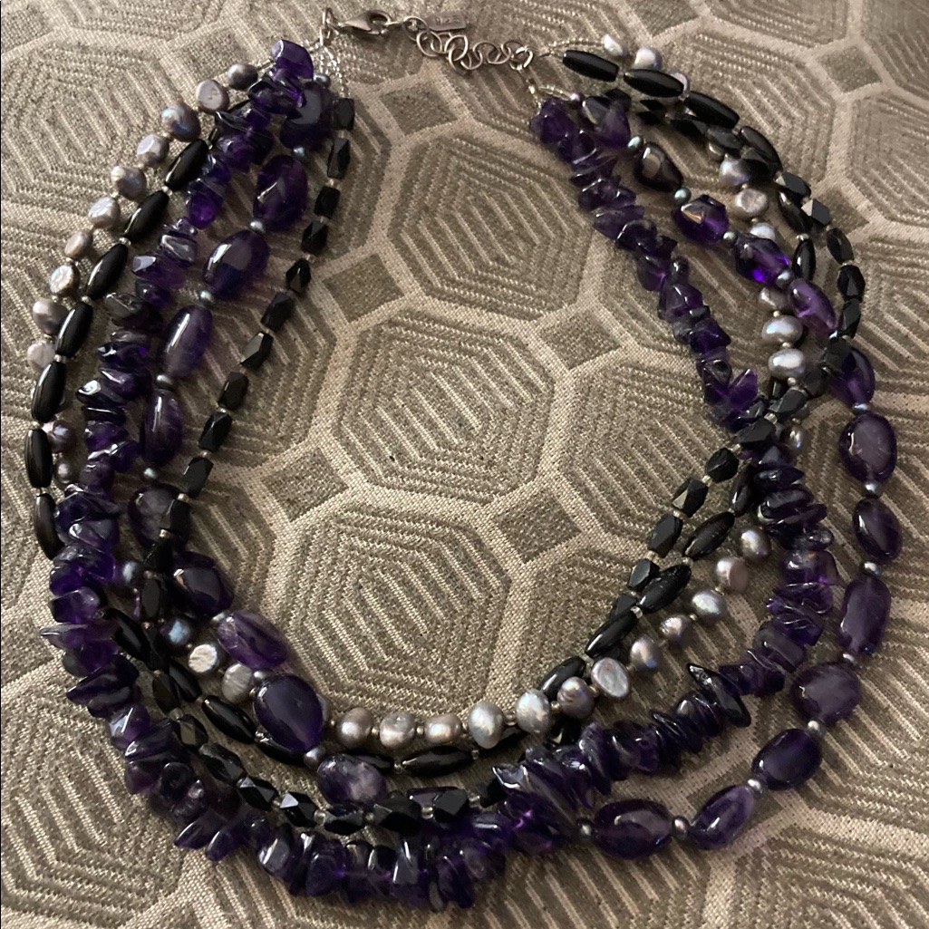 Peyote Bird 5 Strand Onyx Amethyst Freshwater Pearl 925 Necklace 87$
